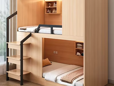 Modern Wooden Bunk Bed with Staircase Storage Shelves and Mattresses 3d model