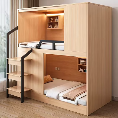 Modern Wooden Bunk Bed with Staircase Storage Shelves and Mattresses 3d model