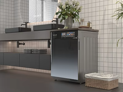 Modern Stainless Steel Bathroom Vanity Cabinet with Display Screen Double Sink and White Tile Wall 3d model