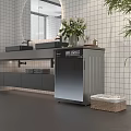 Modern Stainless Steel Bathroom Vanity Cabinet with Display Screen Double Sink and White Tile Wall