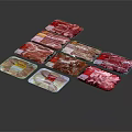 Raw Meat in Transparent Plastic Packaging with Labels Arranged on Black Background 3d model