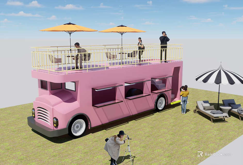Pink Two Story Functional Vehicle With Upper Terrace And Leisure Umbrellas 3d model 