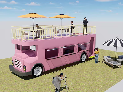 Pink Two Story Functional Vehicle With Upper Terrace And Leisure Umbrellas 3d model