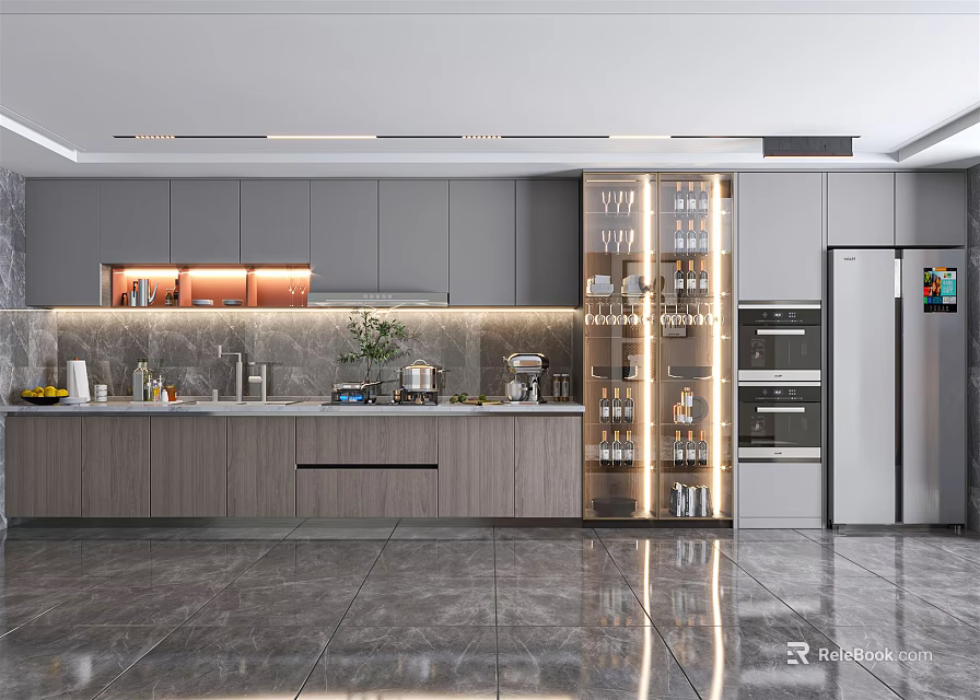 Contemporary Kitchen With Gray Cabinets Glass Door Pantry And Stainless Steel Appliances 3d model 