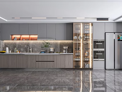 Contemporary Kitchen With Gray Cabinets Glass Door Pantry And Stainless Steel Appliances 3d model