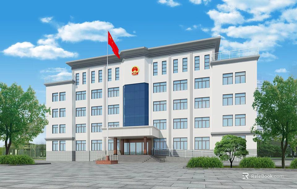 Public Administrative Building With Red Flag Official Emblem White Exterior And Blue Glass 3d model 