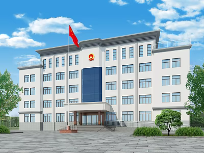 Public Administrative Building With Red Flag Official Emblem White Exterior And Blue Glass 3d model