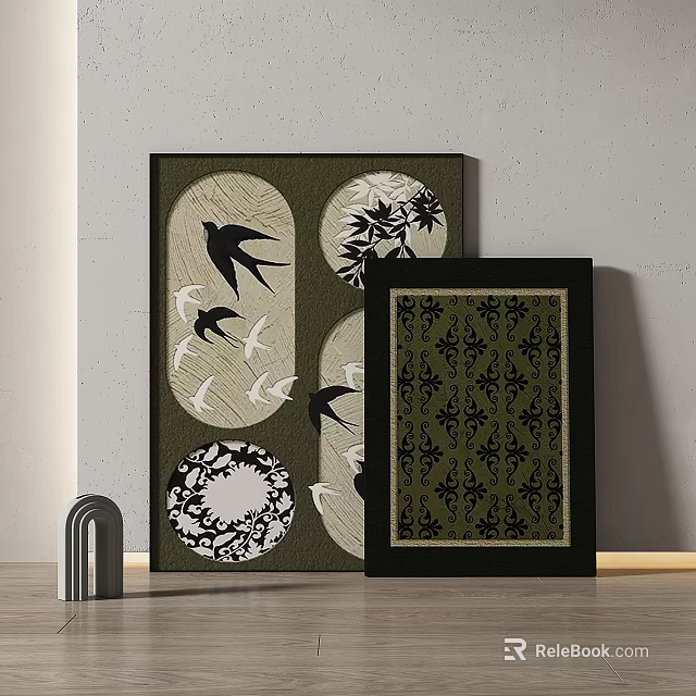 Abstract Paintings With Birds Plants And Ornamental Patterns Wall 3d model