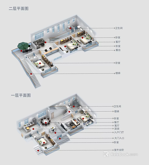 Birds Eye View One Floor Plan with Residential Layout Including Bedrooms Living Dining Kitchen Bathrooms 3d model 