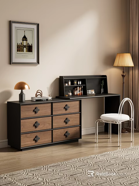 Modern Black Wooden Dressing Table With Drawers Shelf Decorative Items And Chair 3d model 