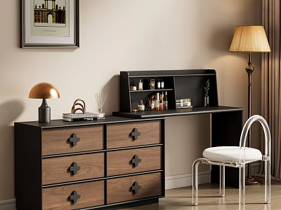 Modern Black Wooden Dressing Table With Drawers Shelf Decorative Items And Chair 3d model