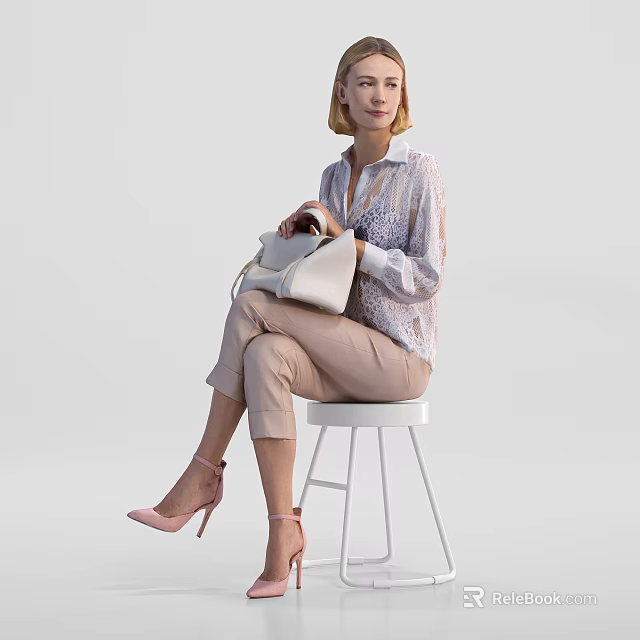 Fashionable Woman Sitting On White Stool Holding Beige Handbag In Pink Heels 3d model 