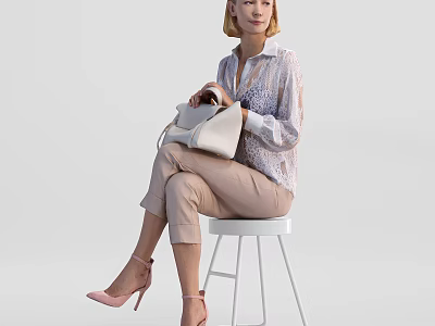 Fashionable Woman Sitting On White Stool Holding Beige Handbag In Pink Heels 3d model