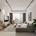 Modern Living and Dining Room With Beige Sofa White Coffee Table Green Plants TV Wall