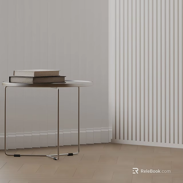 Modern Round Side Table With Metal Frame And Stack Of Books By Vertical Striped Wall 3d model 