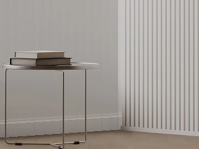 Modern Round Side Table With Metal Frame And Stack Of Books By Vertical Striped Wall 3d model