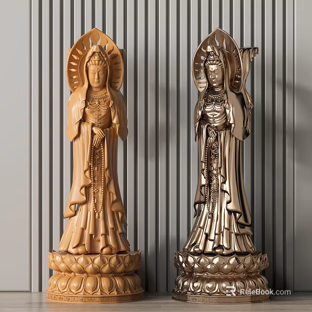 Intricate Sculpture Carving Of Bodhisattva With Wooden And Metallic Standing Figures And Decorative Details 3d model 