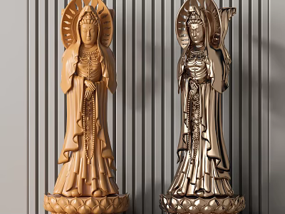 Intricate Sculpture Carving Of Bodhisattva With Wooden And Metallic Standing Figures And Decorative Details 3d model