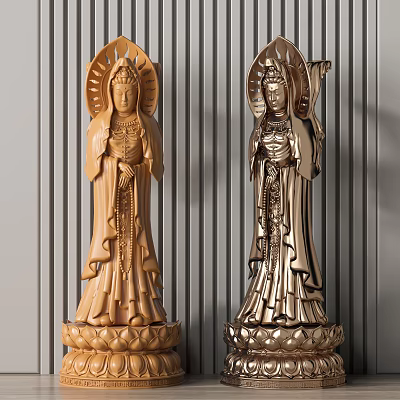 Intricate Sculpture Carving Of Bodhisattva With Wooden And Metallic Standing Figures And Decorative Details 3d model