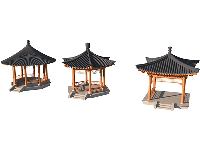 Three Traditional Chinese Pavilions With Curved Black Roofs And Wooden Architectural Frames 3d model