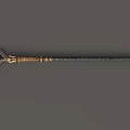 Ornate Curved Blade Weapon With Golden Decoration Red Gem And Black Textured Pole