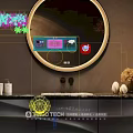 Modern Bathroom Cabinet With Round Gold Frame Mirror And Decorative Pendant Lights