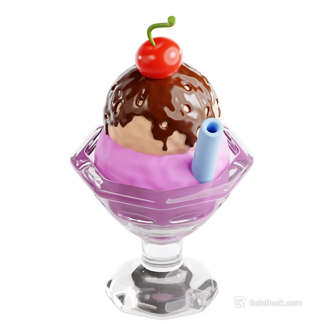 Purple Ice Cream Sundae Topped With Chocolate Syrup Cherry In Glass Cup With Straw 3d model 