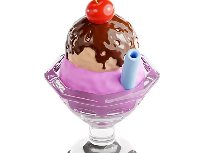 Purple Ice Cream Sundae Topped With Chocolate Syrup Cherry In Glass Cup With Straw 3d model