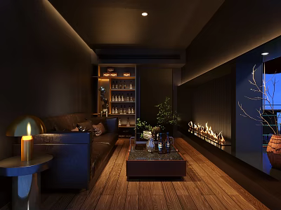 Modern Dark Bar Interior With Leather Sofa Wine Shelves Fireplace And Wooden Floors 3d model