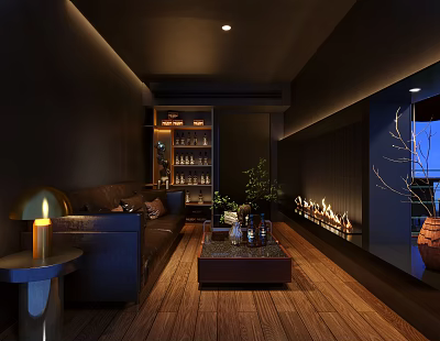Modern Dark Bar Interior With Leather Sofa Wine Shelves Fireplace And Wooden Floors 3d model
