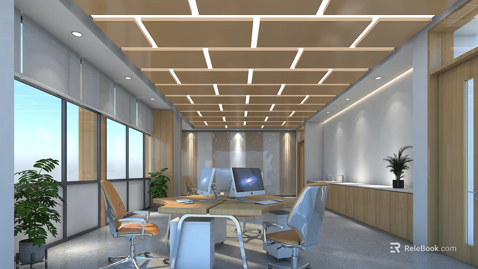 Modern Public Office Space With Open Layout Work Desks And Ergonomic Chairs 3d model 