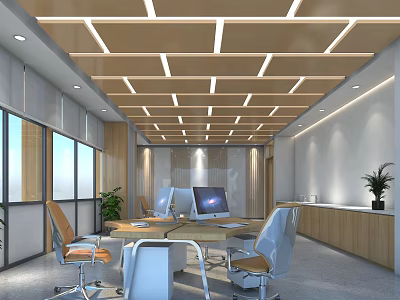 Modern Public Office Space With Open Layout Work Desks And Ergonomic Chairs 3d model