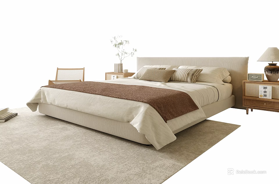 Modern Double Bed With Beige Sheets Brown Blanket Pillows Bedside Tables Light Rug And Chair 3d model 