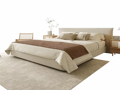 Modern Double Bed With Beige Sheets Brown Blanket Pillows Bedside Tables Light Rug And Chair 3d model