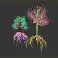 Two Trees With Visible Roots And Green Leaves On Gray Background 3d model