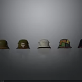 Five Colored Hats With Various Designs And Red Brims On Gray Background