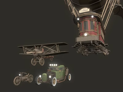 Vintage Green Classic Car With Biplane And Hot Air Balloon In Retro 3d model