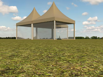 Beige Double Peak Tents With Transparent Sides On Green Grass Under Blue Sky 3d model