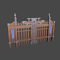Ornate Wooden Gate Design With Spiked Tops Metal Decorations And Blue Banners
