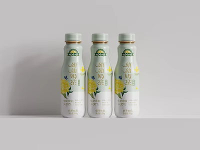 Three Bottles of Milk Beverage with Yellow Flowers Packaging Design on Light Background 3d model