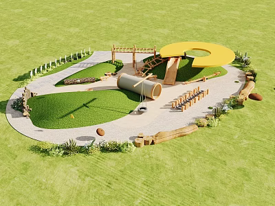 Kids Play Area With Green Grass Yellow Circle Structure Wooden Climbing Tunnel Benches And Plants 3d model