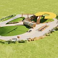 Kids Play Area With Green Grass Yellow Circle Structure Wooden Climbing Tunnel Benches And Plants
