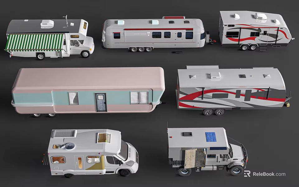 Various Types Of Recreational Vehicles With Different Exterior Designs And Camping Features 3d model 