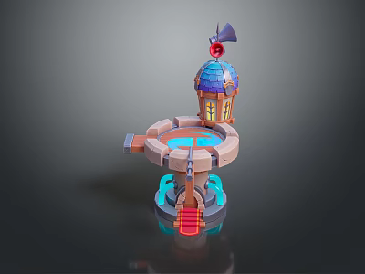 Scenic Fantasy Landscape with Blue Dome Tower Red Staircase and Glowing Pool Platform 3d model