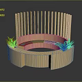 Wooden Curved Public Seating With Vertical Slats And Green Plants