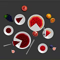 Delicious Raspberry Cakes Slices And Fresh Fruits On Plates With Grapes Pomegranate Oranges