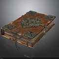 Ancient Leather Bound Book With Ornate Metal Embellishments And Decorative Chain