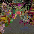 Industrial Factory Interior With Yellow Red Machinery Pipes And Mechanical Equipment