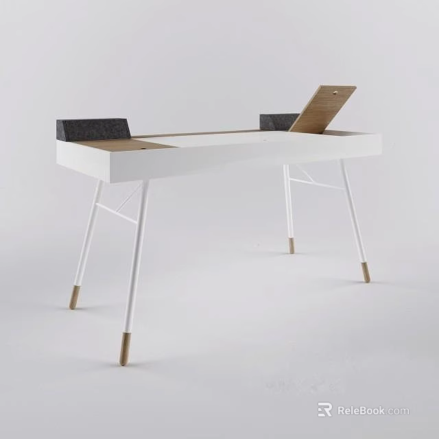 Modern White Desk Featuring Geometric Legs Brown Wooden Feet Black Storage and Open Wooden Tray 3d model 