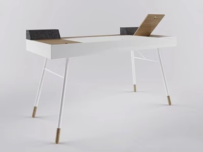Modern White Desk Featuring Geometric Legs Brown Wooden Feet Black Storage and Open Wooden Tray 3d model